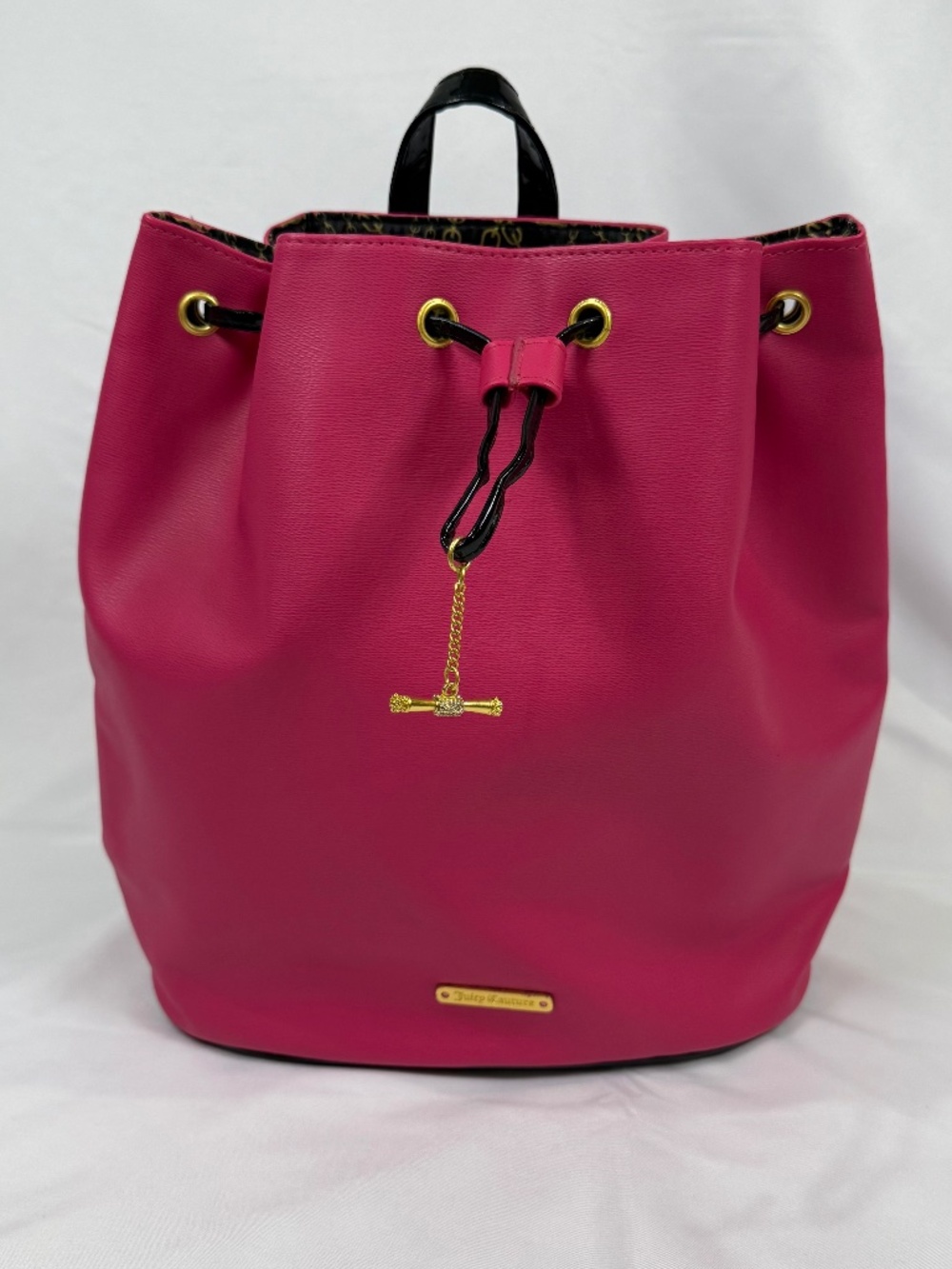 Juicy Couture Pink Backpack Bag Y2K Drawstring Bucket Patent Trim Gold Charm